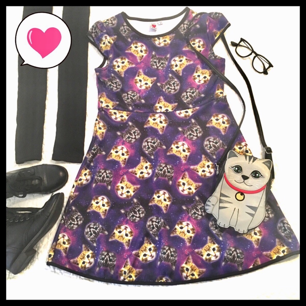 Kitties in Space Girls Purple Cap Sleeve Dress XL
